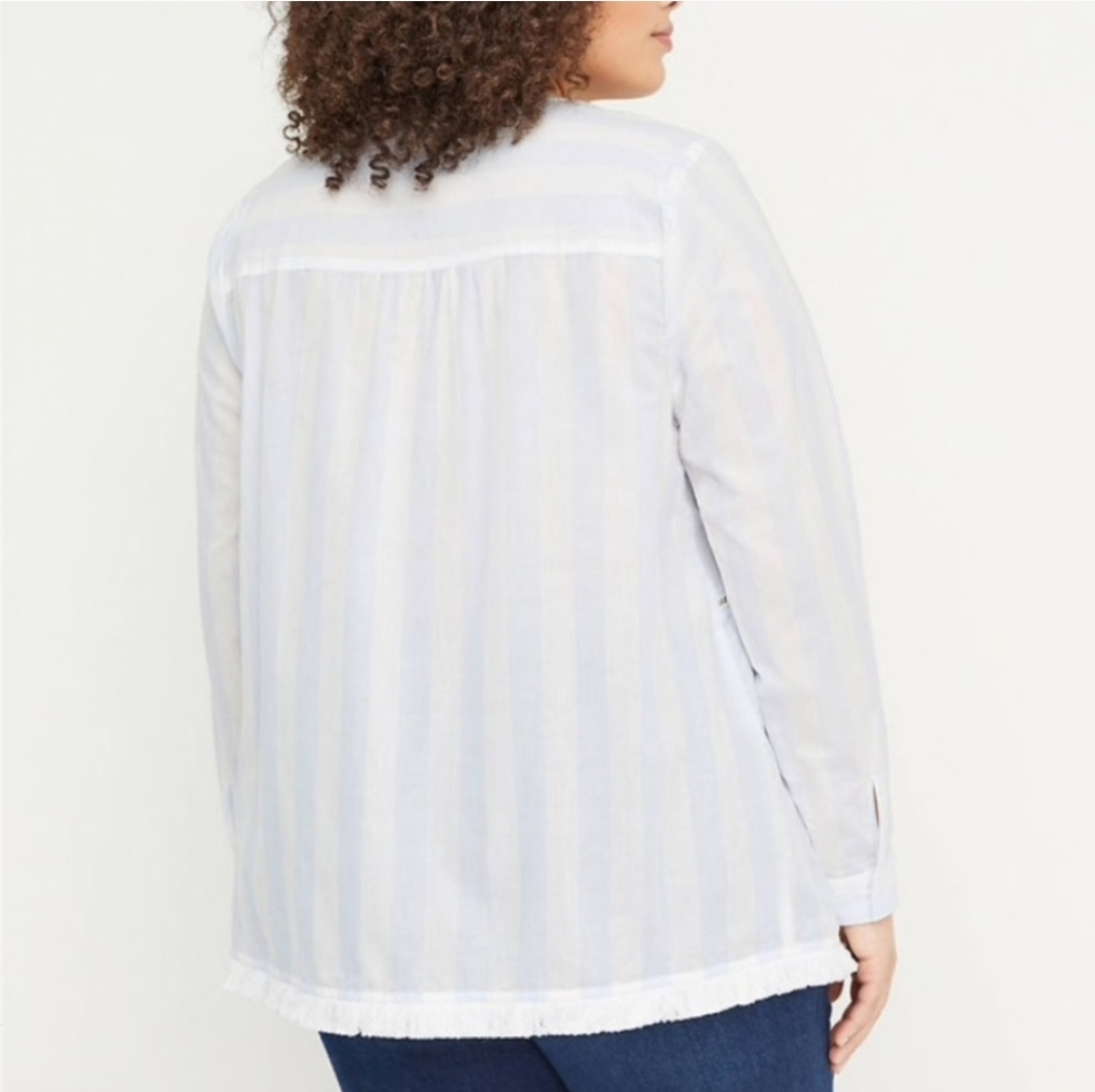 Lane Bryant Blue White Striped Boho Fringe Button-Down Shirt Size 20 - Picture 2 of 9